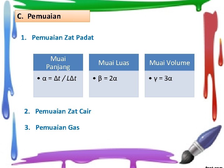 C. Pemuaian 1. Pemuaian Zat Padat Muai Panjang • α = Δt / LΔt