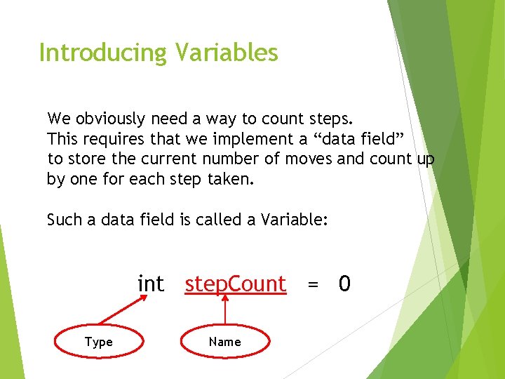 Introducing Variables We obviously need a way to count steps. This requires that we
