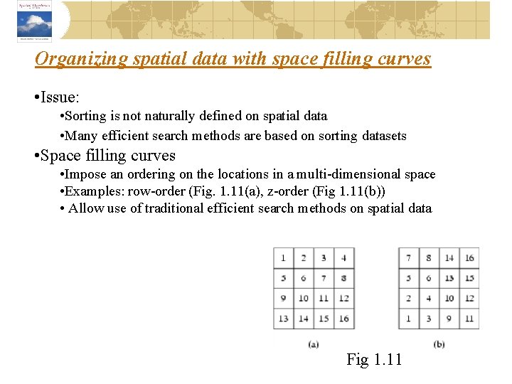 Organizing spatial data with space filling curves • Issue: • Sorting is not naturally