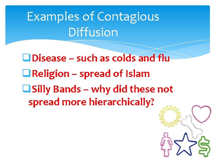 Examples of Contagious Diffusion q. Disease – such as colds and flu q. Religion