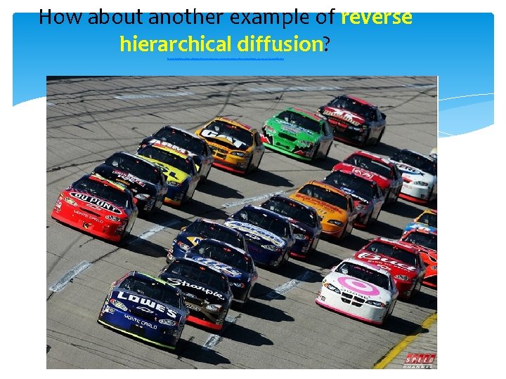 How about another example of reverse hierarchical diffusion? http: //bookmarksmarkyourplace. wordpress. com/2011/09/04/ive-never-been-a-nascar-fan-until-now/ 