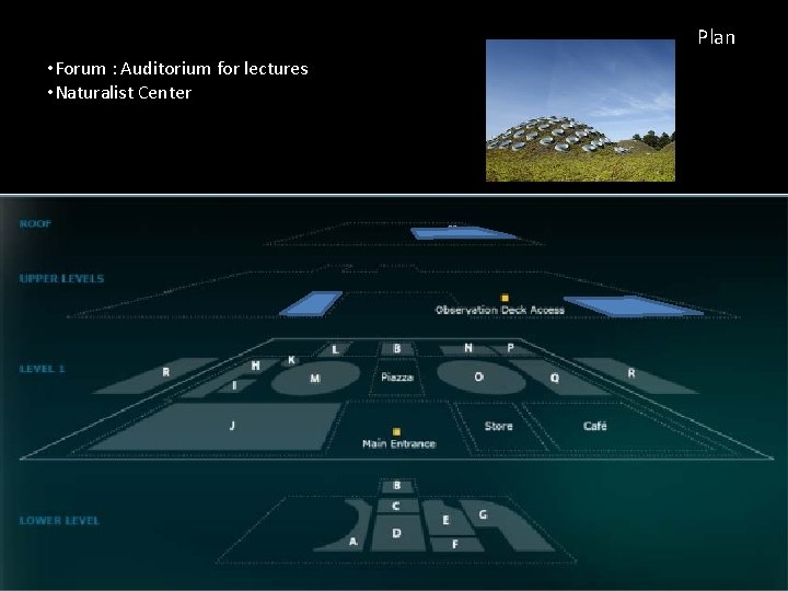 Plan • Forum : Auditorium for lectures • Naturalist Center 