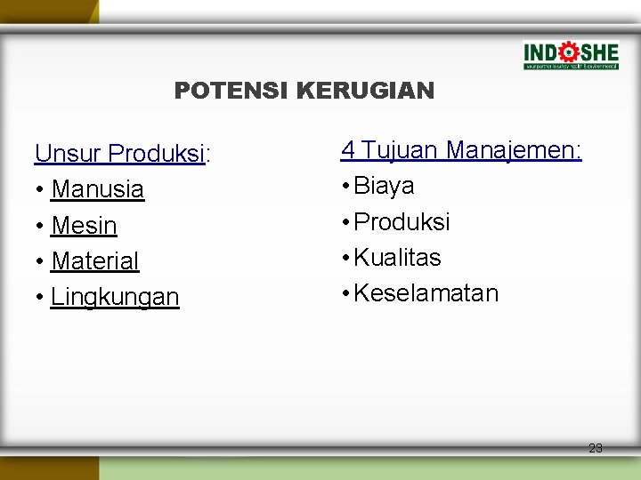 POTENSI KERUGIAN Unsur Produksi: • Manusia • Mesin • Material • Lingkungan 4 Tujuan