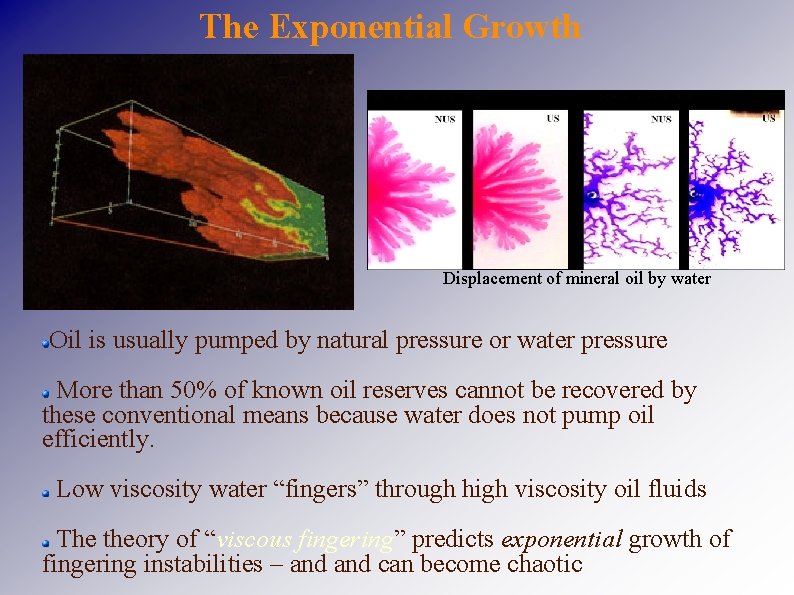 The Exponential Growth Displacement of mineral oil by water Oil is usually pumped by