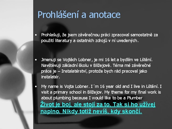 Prohlášení a anotace • Prohlašuji, že jsem závěrečnou práci zpracoval samostatně za použití literatury