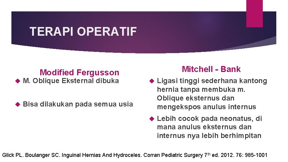 TERAPI OPERATIF Mitchell - Bank Modified Fergusson M. Oblique Eksternal dibuka Bisa dilakukan pada