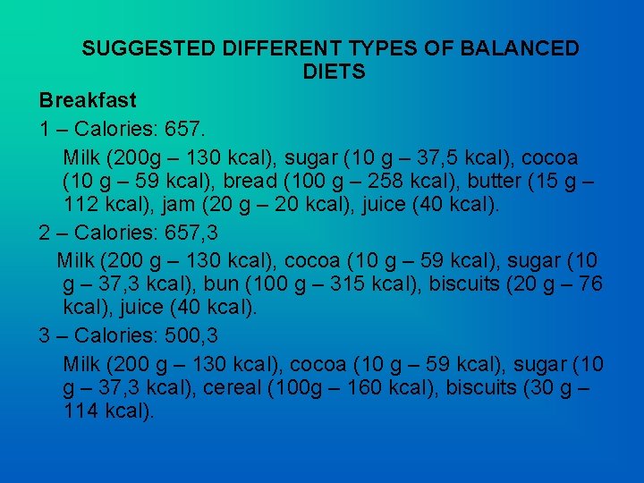 SUGGESTED DIFFERENT TYPES OF BALANCED DIETS Breakfast 1 – Calories: 657. Milk (200 g