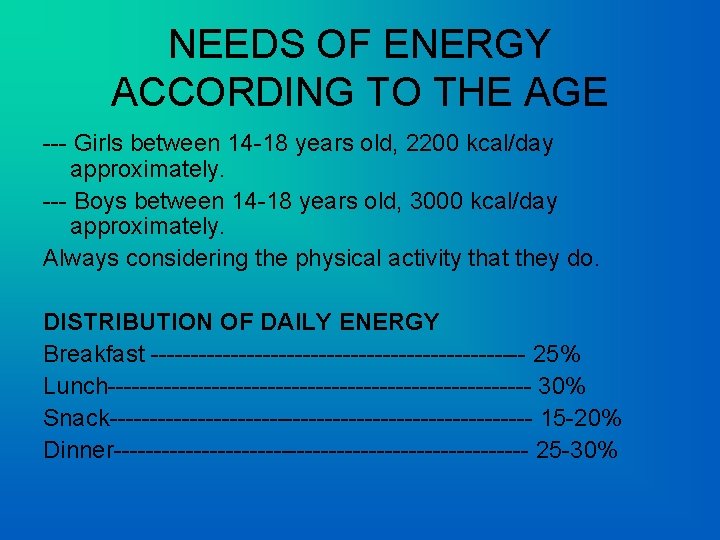 NEEDS OF ENERGY ACCORDING TO THE AGE --- Girls between 14 -18 years old,