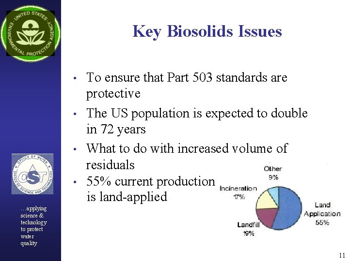 Key Biosolids Issues To ensure that Part 503 standards are protective • The US
