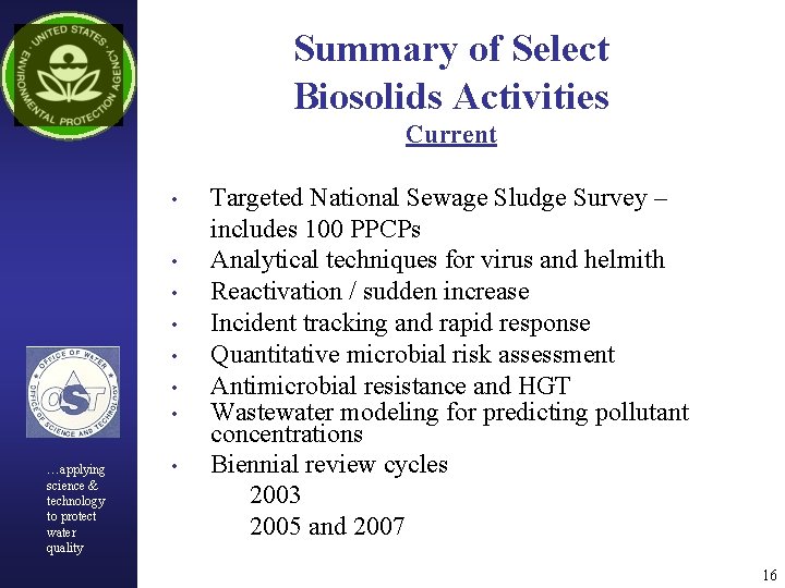 Summary of Select Biosolids Activities Current • • …applying science & technology to protect