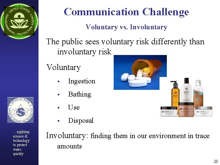 Communication Challenge Voluntary vs. Involuntary The public sees voluntary risk differently than involuntary risk