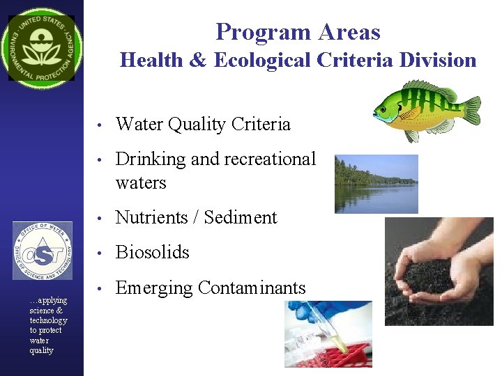 Program Areas Health & Ecological Criteria Division …applying science & technology to protect water