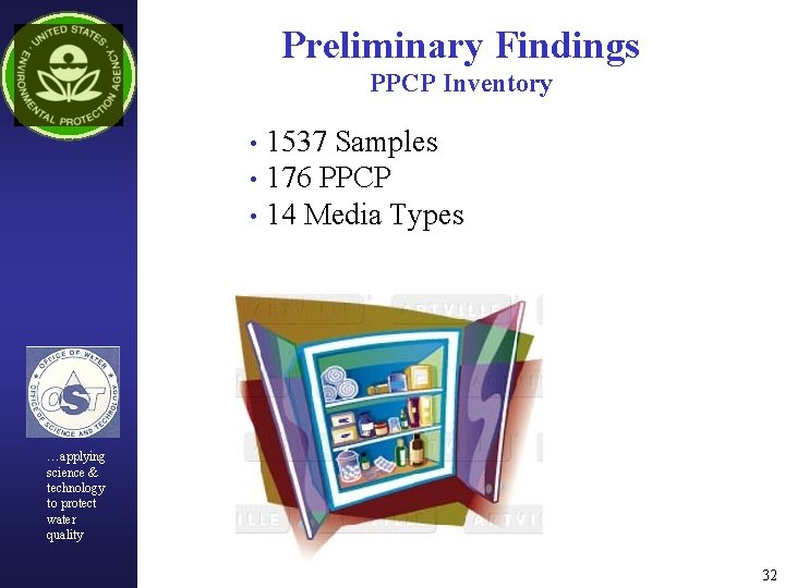 Preliminary Findings PPCP Inventory • 1537 Samples • 176 PPCP • 14 Media Types