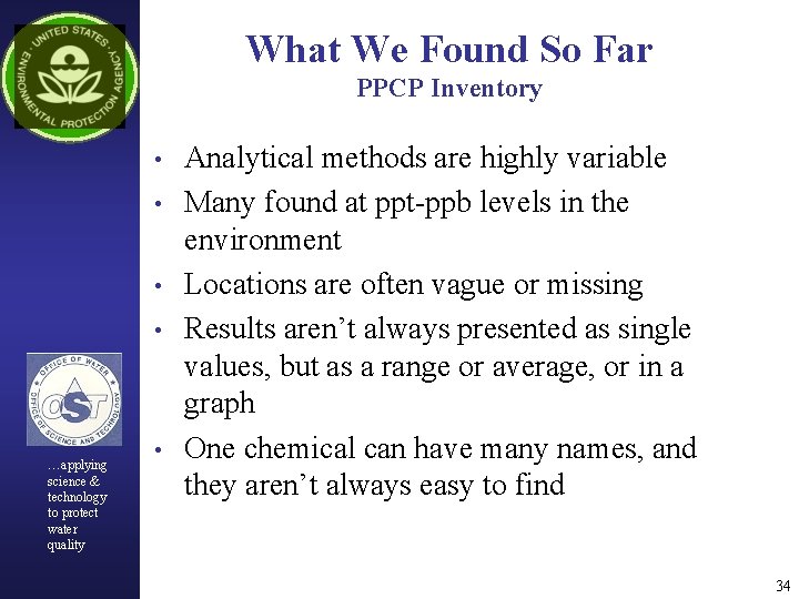 What We Found So Far PPCP Inventory • • …applying science & technology to