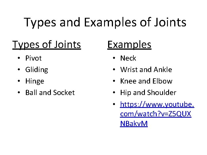 Types and Examples of Joints Types of Joints • • Pivot Gliding Hinge Ball