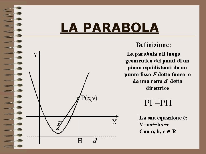 LA PARABOLA Definizione: La parabola è il luogo geometrico dei punti di un piano