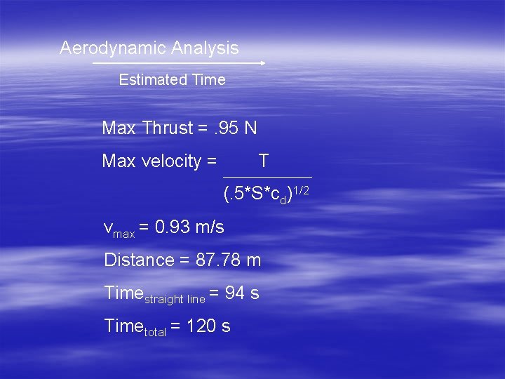 Aerodynamic Analysis Estimated Time Max Thrust =. 95 N Max velocity = T (.