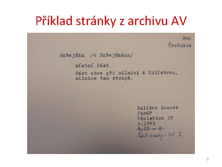 Příklad stránky z archivu AV 9 