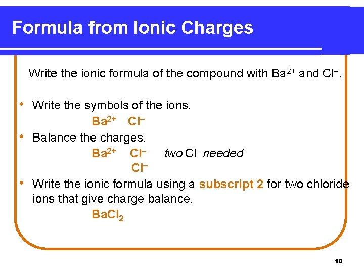 Formula from Ionic Charges Write the ionic formula of the compound with Ba 2+