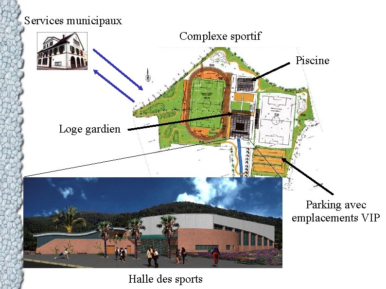 Services municipaux Complexe sportif Piscine Loge gardien Parking avec emplacements VIP Halle des sports