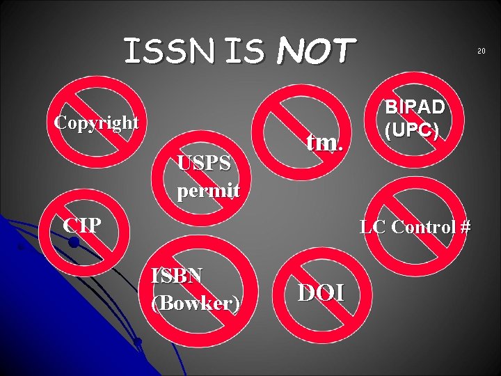 ISSN IS NOT Copyright USPS permit tm. CIP 20 BIPAD (UPC) LC Control #