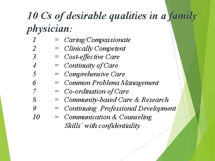 10 Cs of desirable qualities in a family physician: 1 2 3 4 5