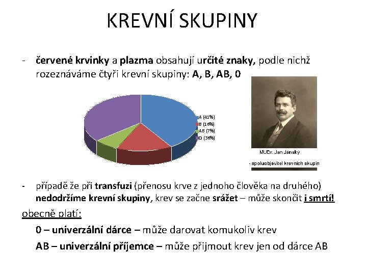 KREVNÍ SKUPINY - červené krvinky a plazma obsahují určité znaky, podle nichž rozeznáváme čtyři