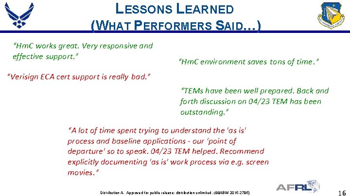 LESSONS LEARNED (WHAT PERFORMERS SAID…) “Hm. C works great. Very responsive and effective support.