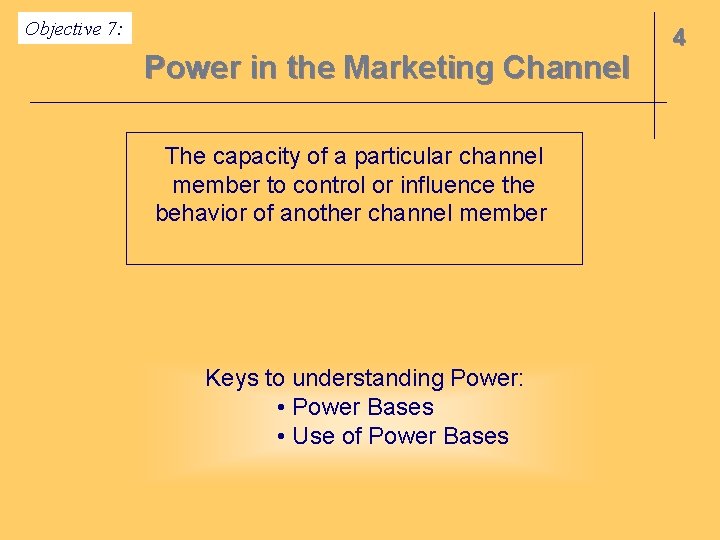 Objective 7: Power in the Marketing Channel The capacity of a particular channel member