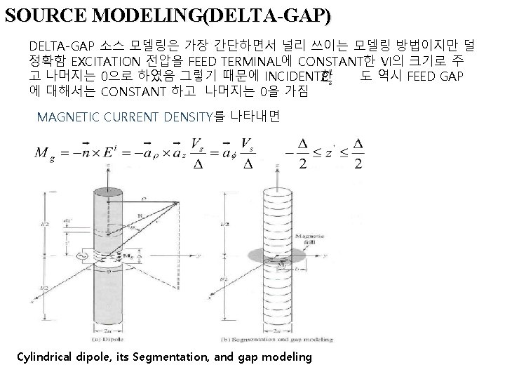 SOURCE MODELING(DELTA-GAP) DELTA-GAP 소스 모델링은 가장 간단하면서 널리 쓰이는 모델링 방법이지만 덜 정확함 EXCITATION