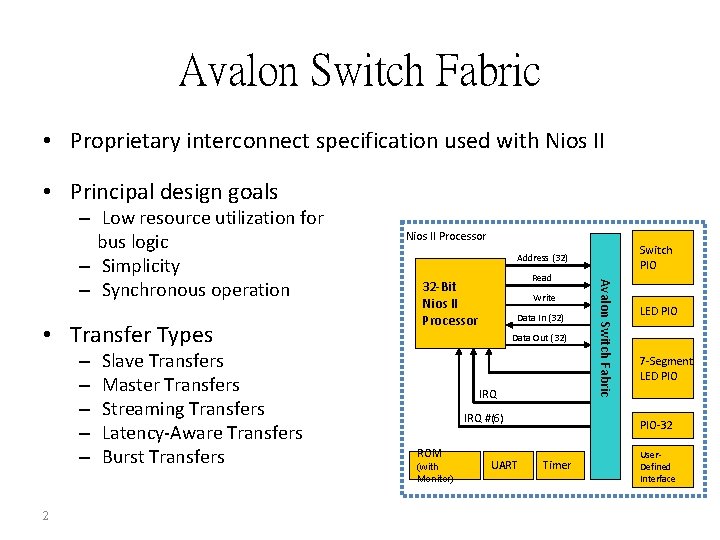 Avalon Switch Fabric • Proprietary interconnect specification used with Nios II • Principal design