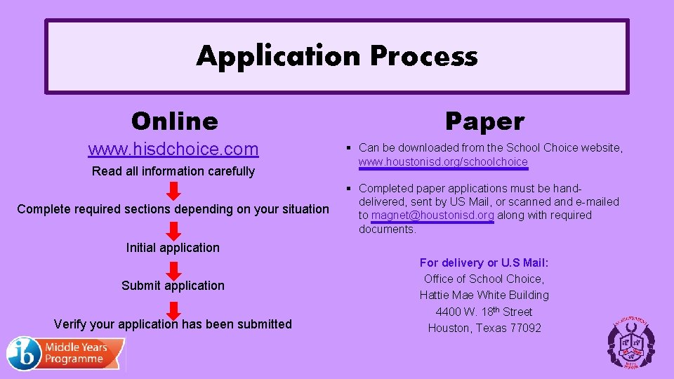 Application Process Online Paper www. hisdchoice. com § Can be downloaded from the School