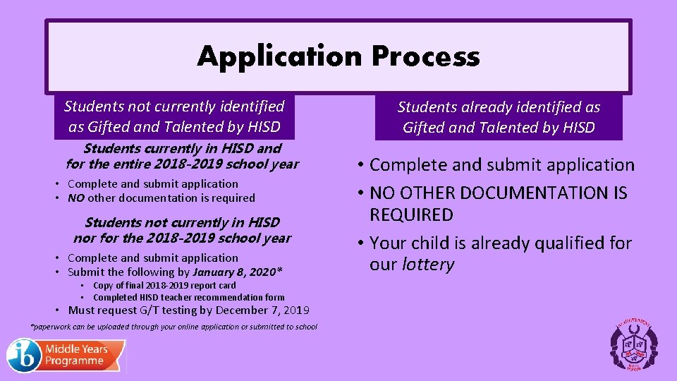 Application Process Students not currently identified as Gifted and Talented by HISD Students currently