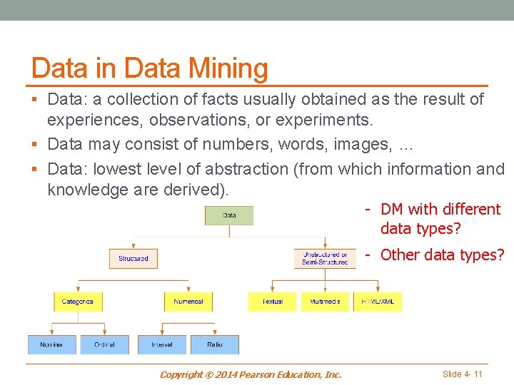 Data in Data Mining § Data: a collection of facts usually obtained as the
