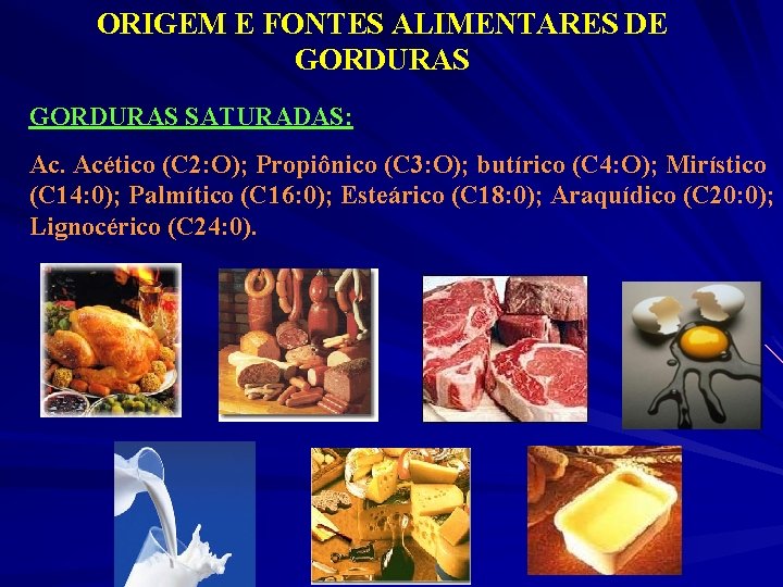 ORIGEM E FONTES ALIMENTARES DE GORDURAS SATURADAS: Ac. Acético (C 2: O); Propiônico (C