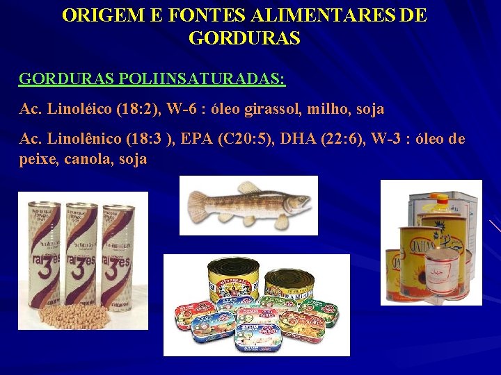 ORIGEM E FONTES ALIMENTARES DE GORDURAS POLIINSATURADAS: Ac. Linoléico (18: 2), W-6 : óleo