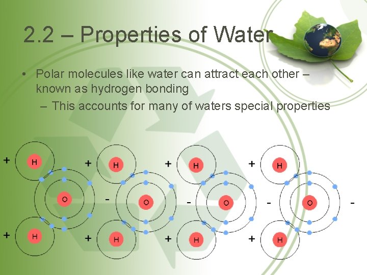 2. 2 – Properties of Water • Polar molecules like water can attract each
