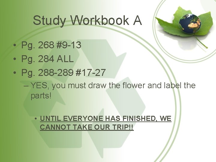 Study Workbook A • Pg. 268 #9 -13 • Pg. 284 ALL • Pg.