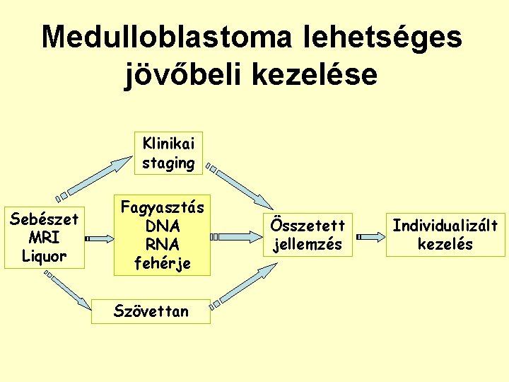 Medulloblastoma lehetséges jövőbeli kezelése Klinikai staging Sebészet MRI Liquor Fagyasztás DNA RNA fehérje Szövettan