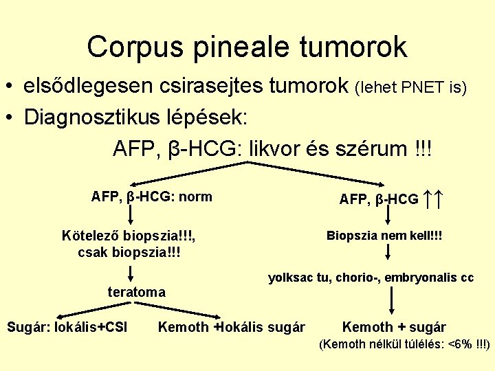 Corpus pineale tumorok • elsődlegesen csirasejtes tumorok (lehet PNET is) • Diagnosztikus lépések: AFP,