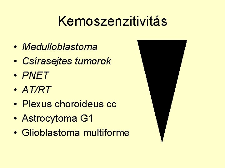 Kemoszenzitivitás • • Medulloblastoma Csírasejtes tumorok PNET AT/RT Plexus choroideus cc Astrocytoma G 1