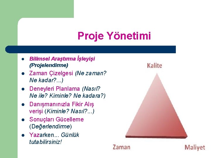 Proje Yönetimi l Bilimsel Araştırma İşleyişi (Projelendirme) l Zaman Çizelgesi (Ne zaman? Ne kadar?