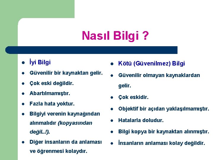 Nasıl Bilgi ? l İyi Bilgi l Güvenilir bir kaynaktan gelir. l Çok eski