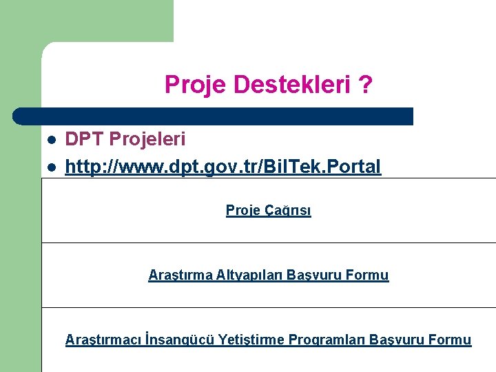 Proje Destekleri ? l l DPT Projeleri http: //www. dpt. gov. tr/Bil. Tek. Portal
