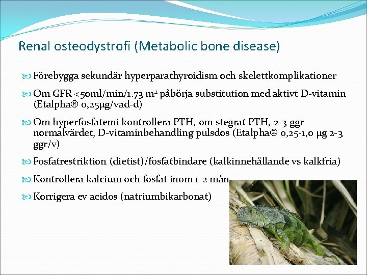 Renal osteodystrofi (Metabolic bone disease) Förebygga sekundär hyperparathyroidism och skelettkomplikationer Om GFR <50 ml/min/1.