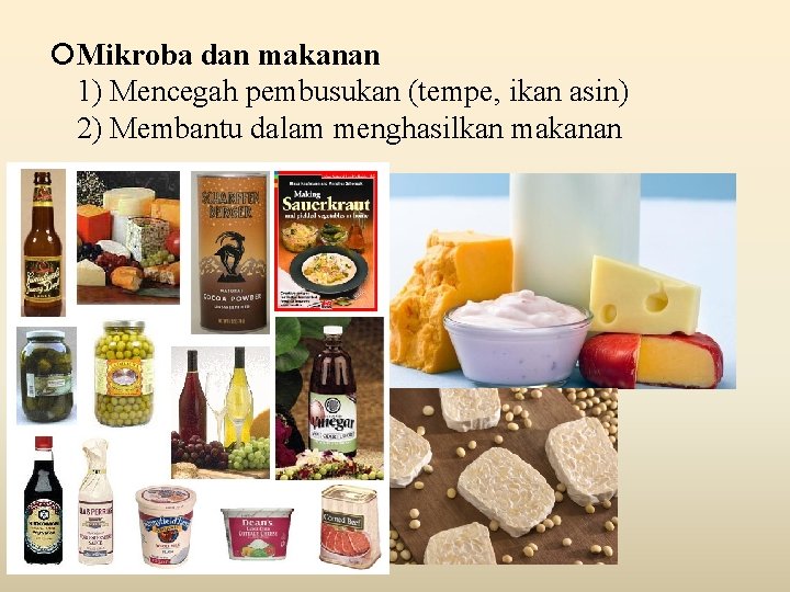  Mikroba dan makanan 1) Mencegah pembusukan (tempe, ikan asin) 2) Membantu dalam menghasilkan