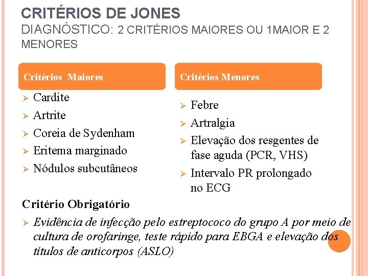 CRITÉRIOS DE JONES DIAGNÓSTICO: 2 CRITÉRIOS MAIORES OU 1 MAIOR E 2 MENORES Critérios