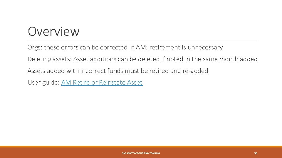 Overview Orgs: these errors can be corrected in AM; retirement is unnecessary Deleting assets: