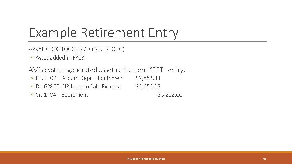 Example Retirement Entry Asset 000010003770 (BU 61010) ◦ Asset added in FY 13 AM’s