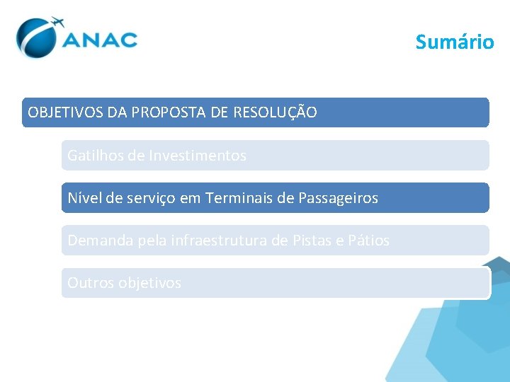 Sumário OBJETIVOS DA PROPOSTA DE RESOLUÇÃO Gatilhos de Investimentos Nível de serviço em Terminais